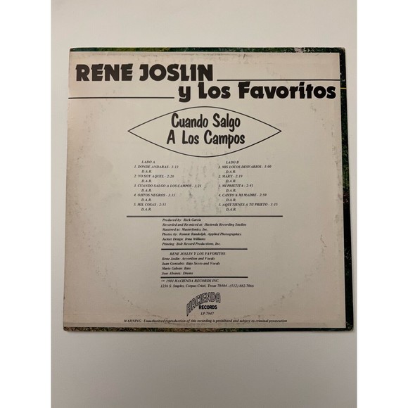 Rene Joslin Y Los Favoritos Cuando Salgo A Los Campos LP Hacienda 7947 VG+ - Picture 2 of 7